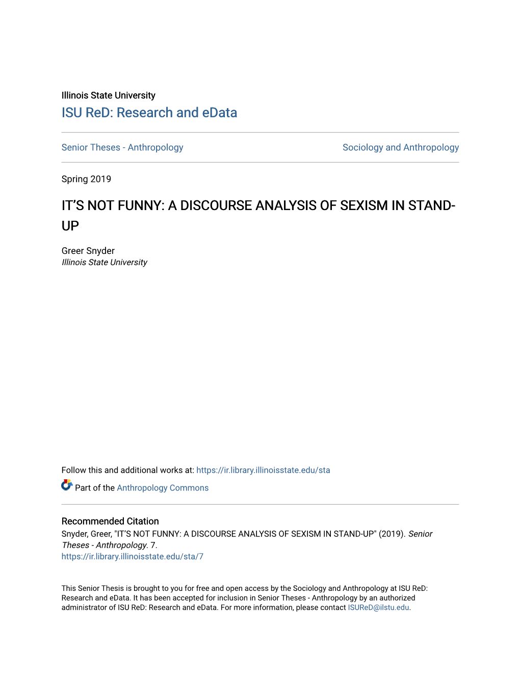 It's Not Funny: a Discourse Analysis of Sexism in Stand-Up