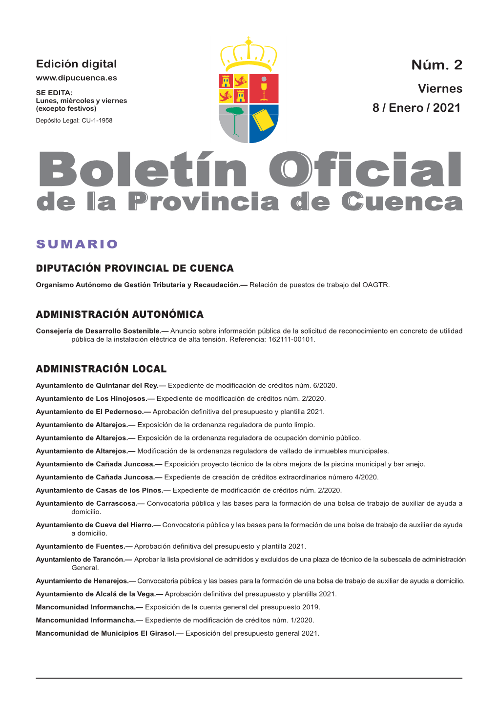 Boletín Oficial De La Provincia De Cuenca Sumario Diputación Provincial De Cuenca