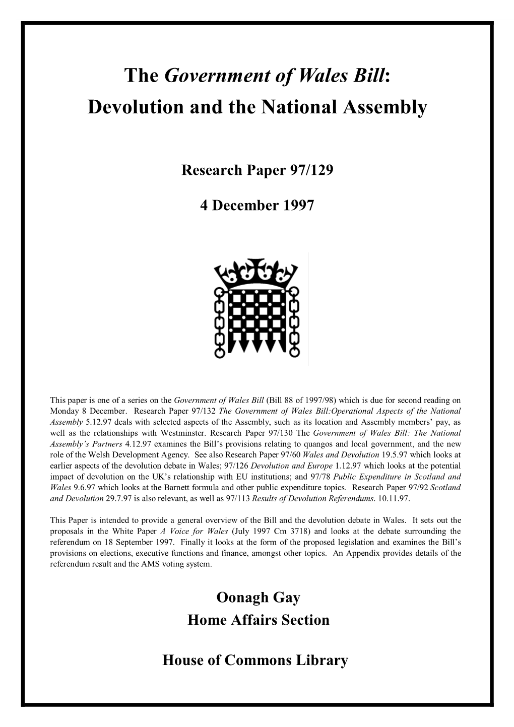 Government of Wales Bill: Devolution and the National Assembly