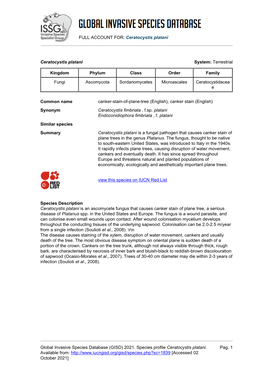 (GISD) 2021. Species Profile Ceratocystis Platani. Avail