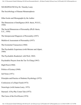 NEUROPOLITICS by Dr. Timothy Leary the Sociobiology of Human