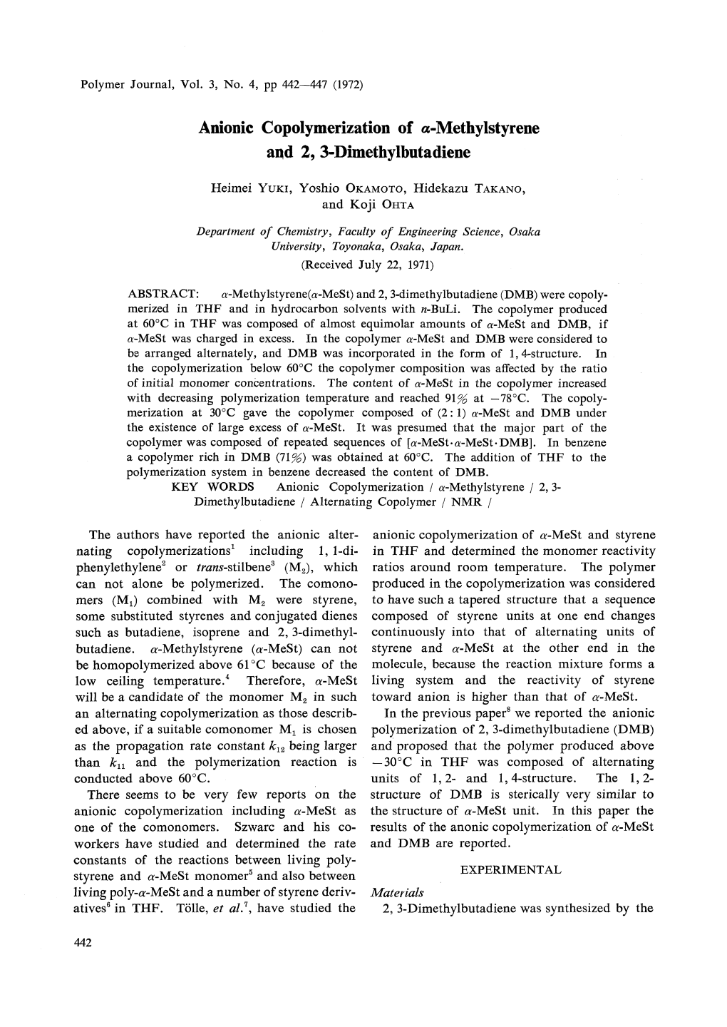 Anionic Copolymerization of A-Methylstyrene and 2, 3-Dimethylbutadiene