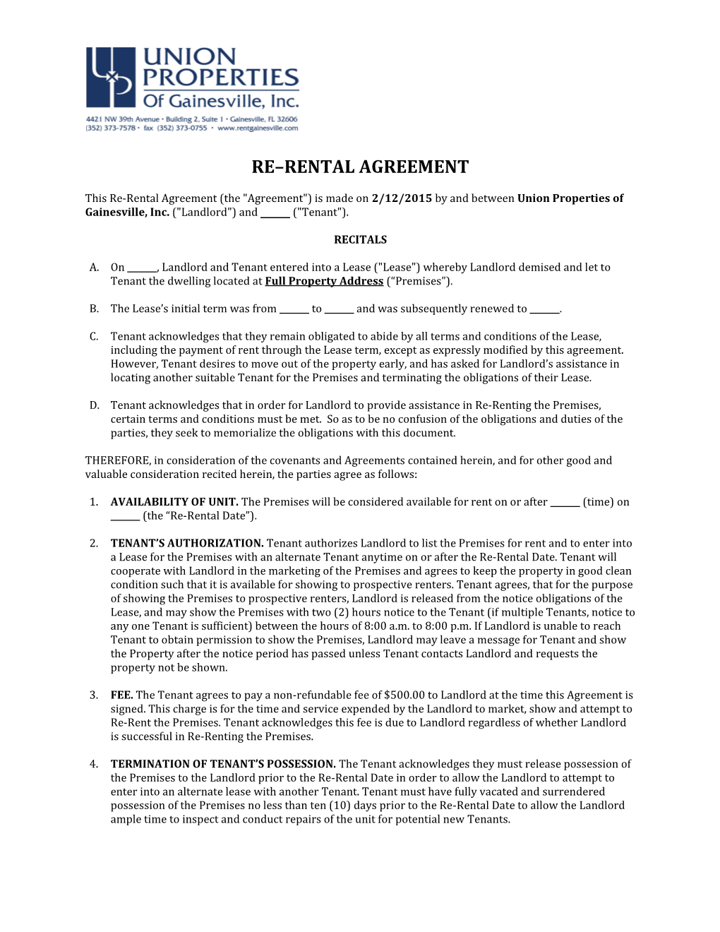 Re–Rental Agreement