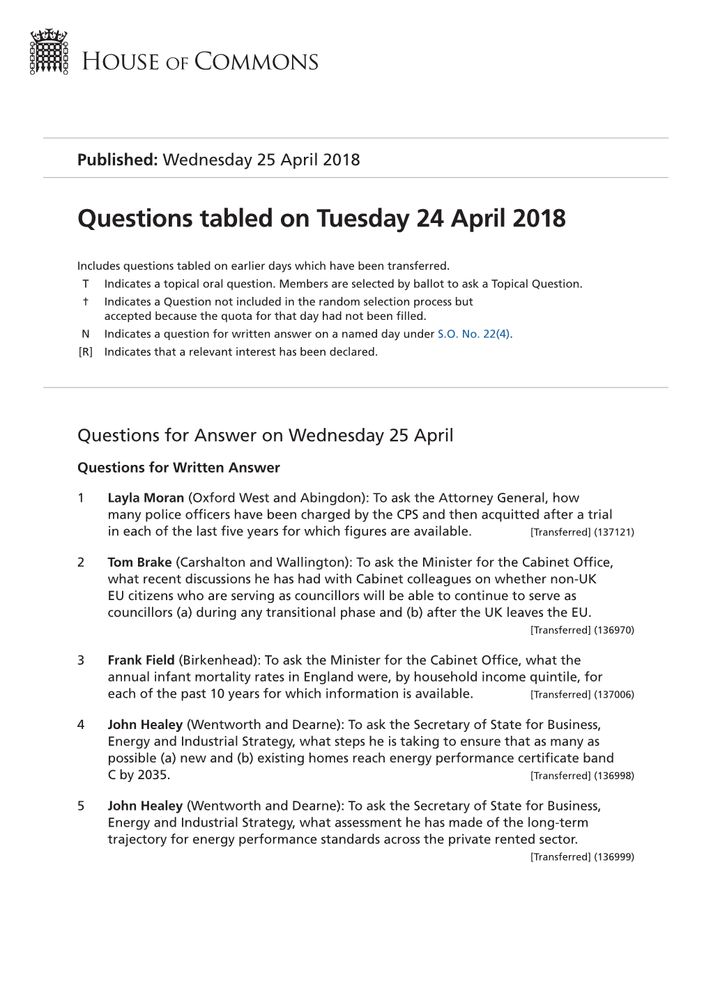 Questions Tabled on Tue 24 Apr 2018