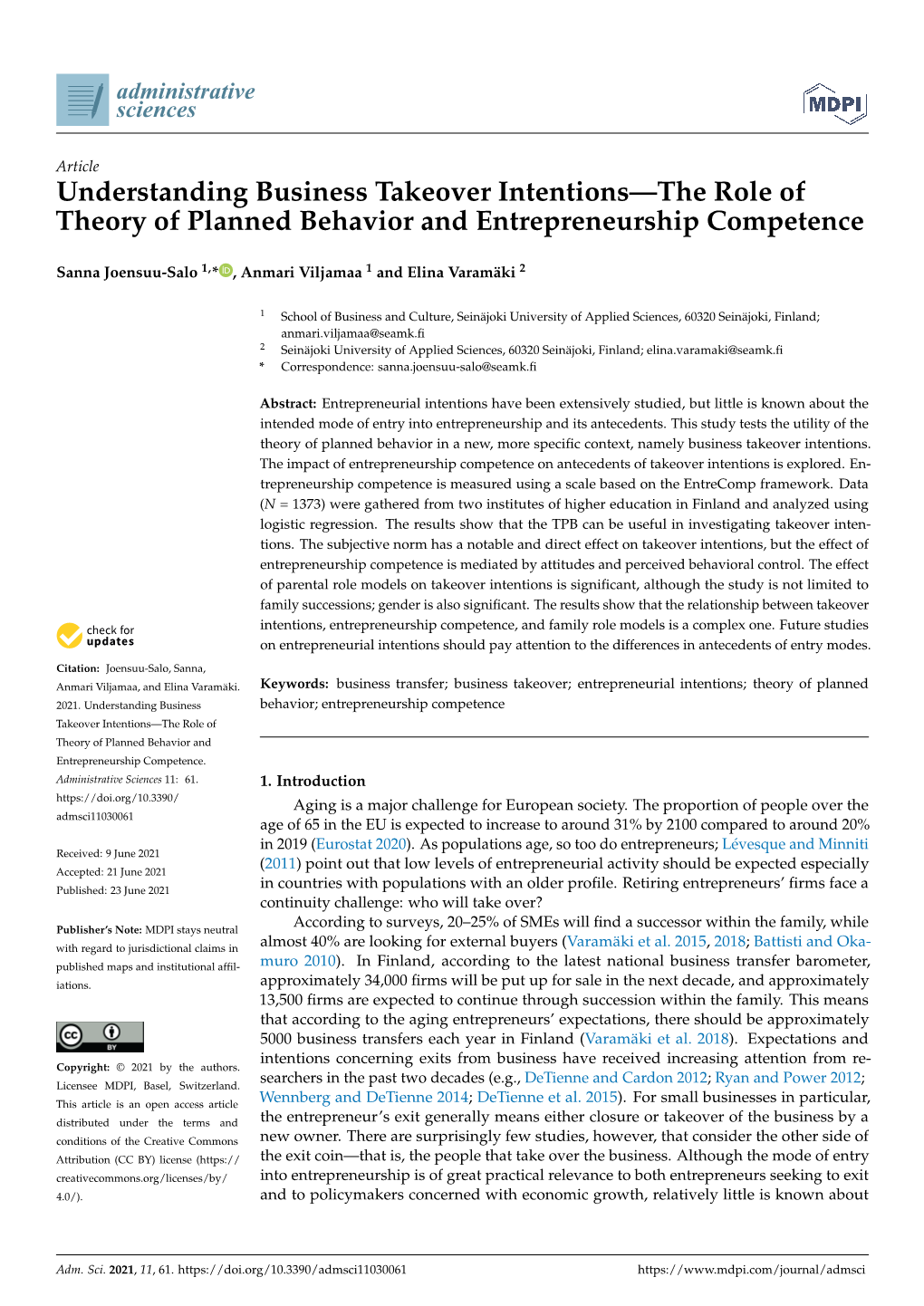 Understanding Business Takeover Intentions—The Role of Theory of Planned Behavior and Entrepreneurship Competence