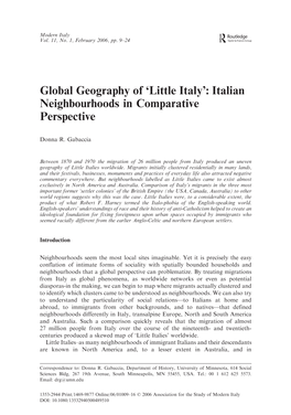 Little Italy’: Italian Neighbourhoods in Comparative Perspective