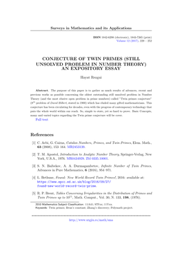 Conjecture of Twin Primes (Still Unsolved Problem in Number Theory)
