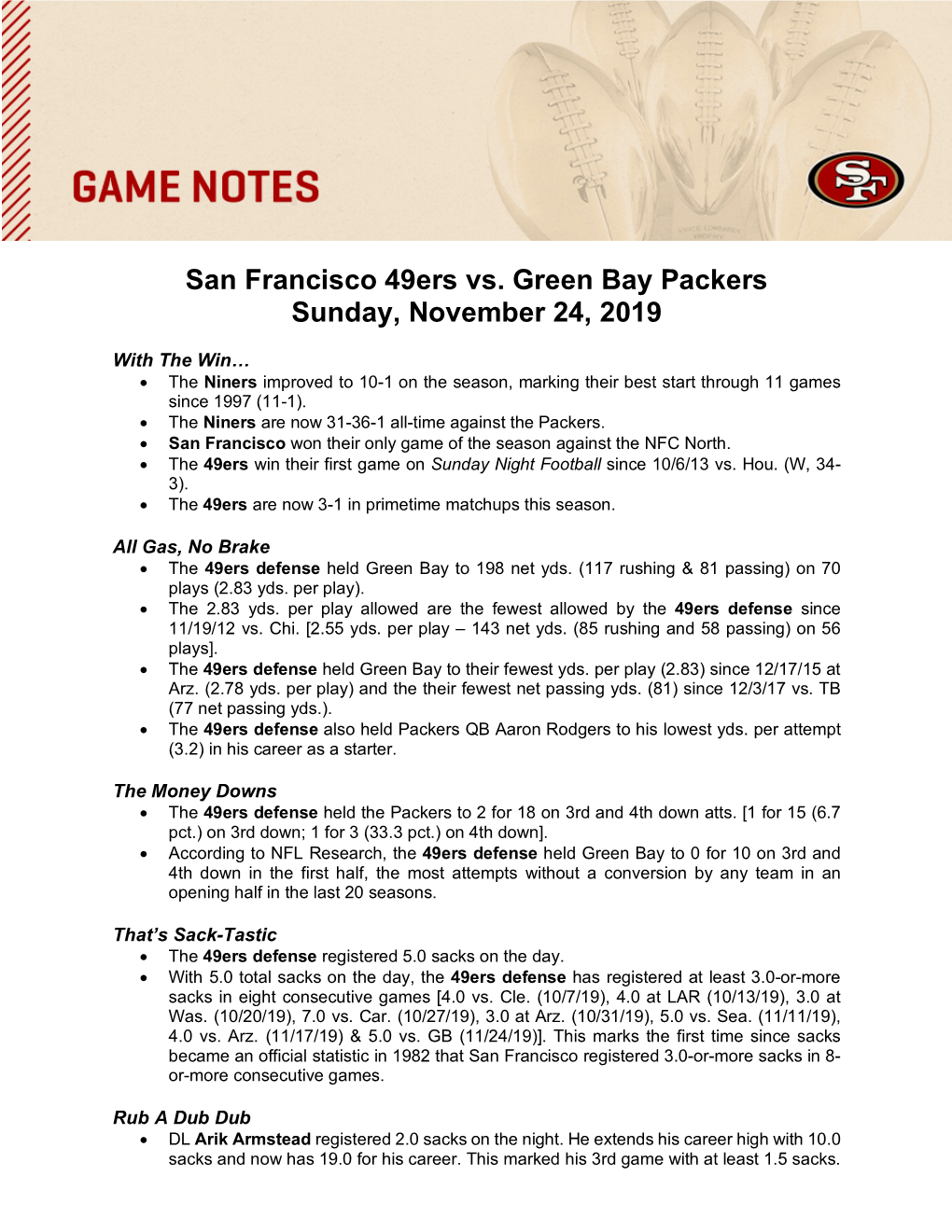 San Francisco 49Ers Vs. Green Bay Packers Sunday, November 24, 2019