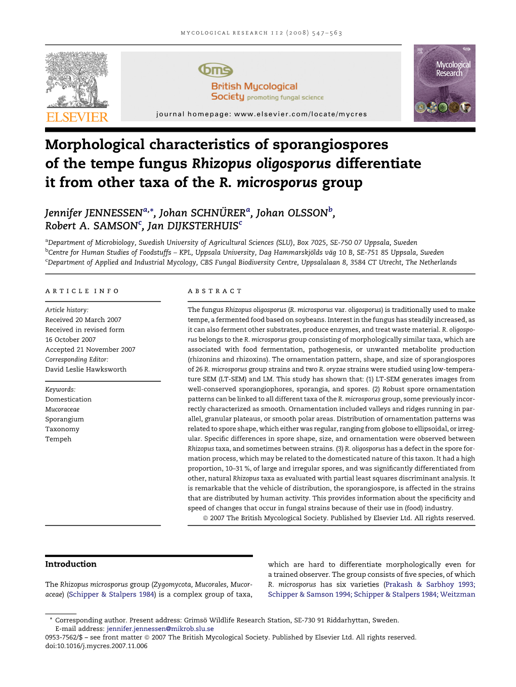 Morphological Characteristics of Sporangiospores of the Tempe Fungus Rhizopus Oligosporus Differentiate It from Other Taxa of the R