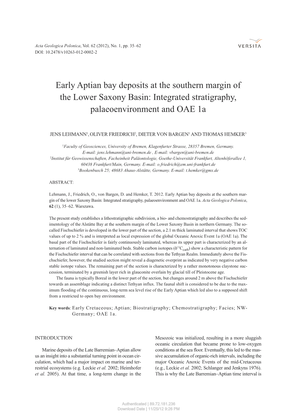 Early Aptian Bay Deposits at the Southern Margin of the Lower Saxony Basin: Integrated Stratigraphy, Palaeoenvironment and OAE 1A