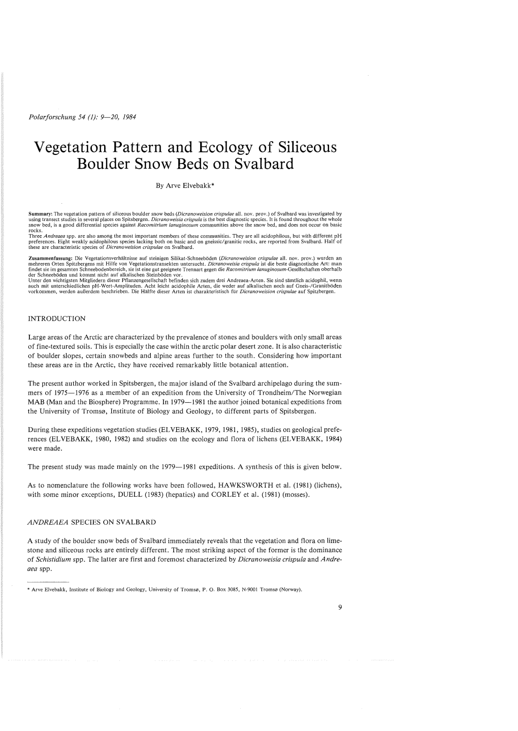 Vegetation Pattern and Ecology of Siliceous Boulder Snow Beds on Svalbard