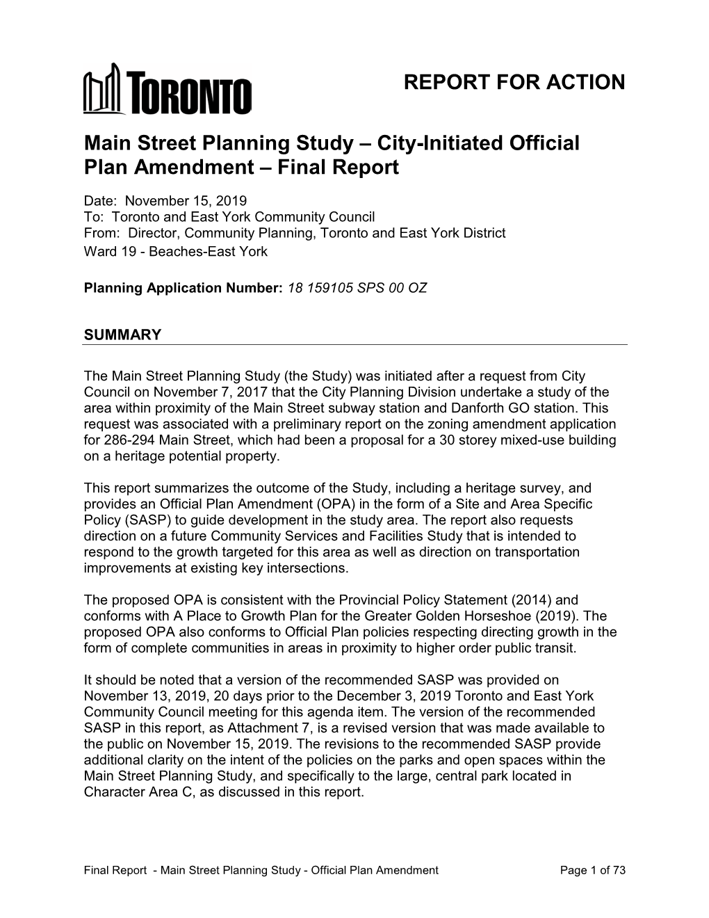 Main Street Planning Study – City-Initiated Official Plan Amendment – Final Report