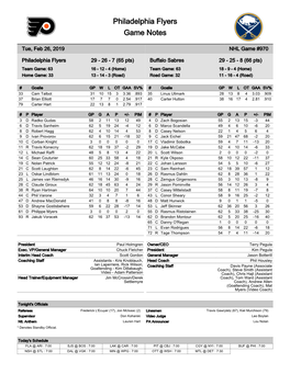 Philadelphia Flyers Game Notes