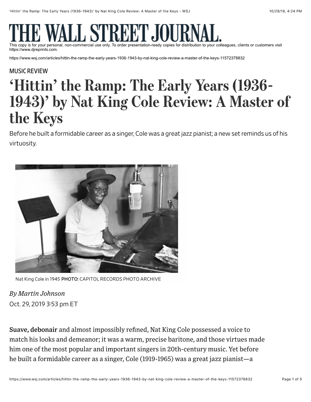 Wall Street Journal Reviews Nat King Cole