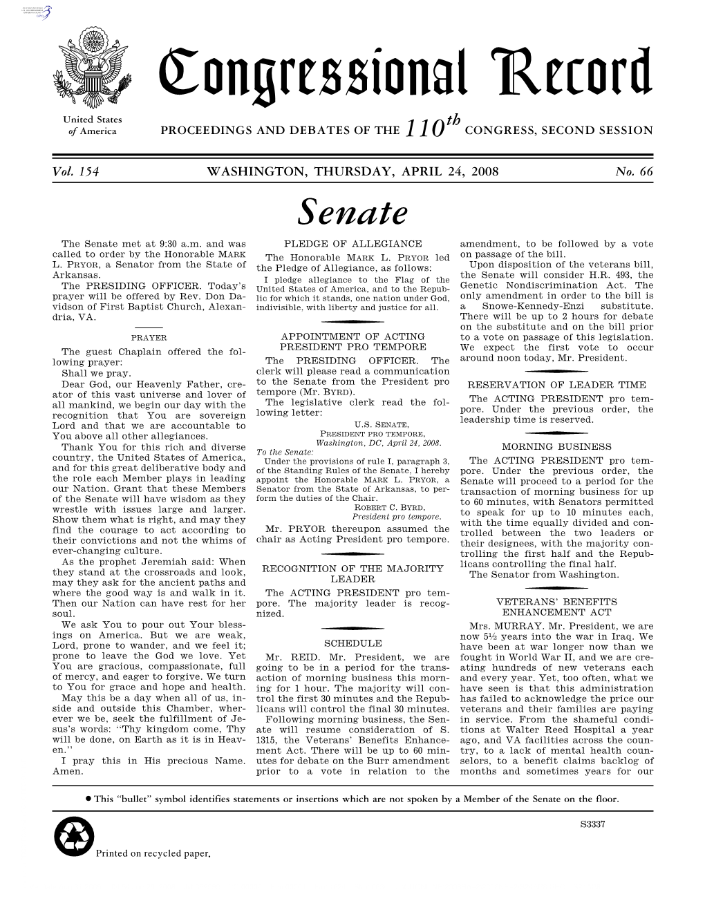 Congressional Record United States Th of America PROCEEDINGS and DEBATES of the 110 CONGRESS, SECOND SESSION