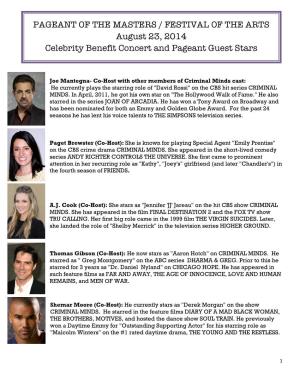 PAGEANT of the MASTERS / FESTIVAL of the ARTS August 23, 2014 Celebrity Benefit Concert and Pageant Guest Stars
