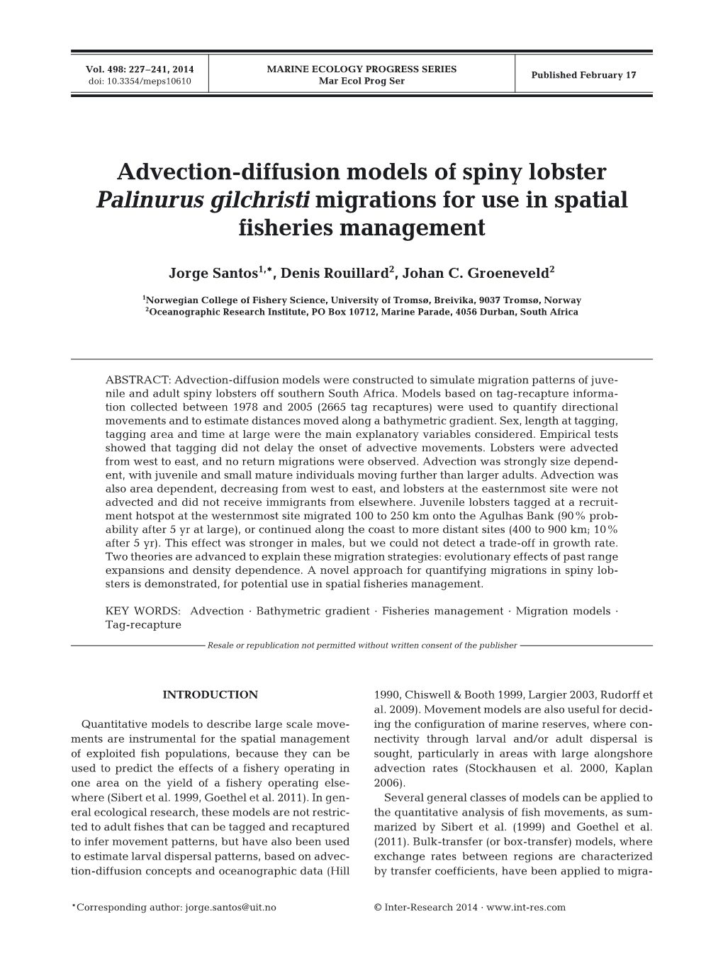 Advection-Diffusion Models of Spiny Lobster Palinurus Gilchristi Migrations for Use in Spatial Fisheries Management