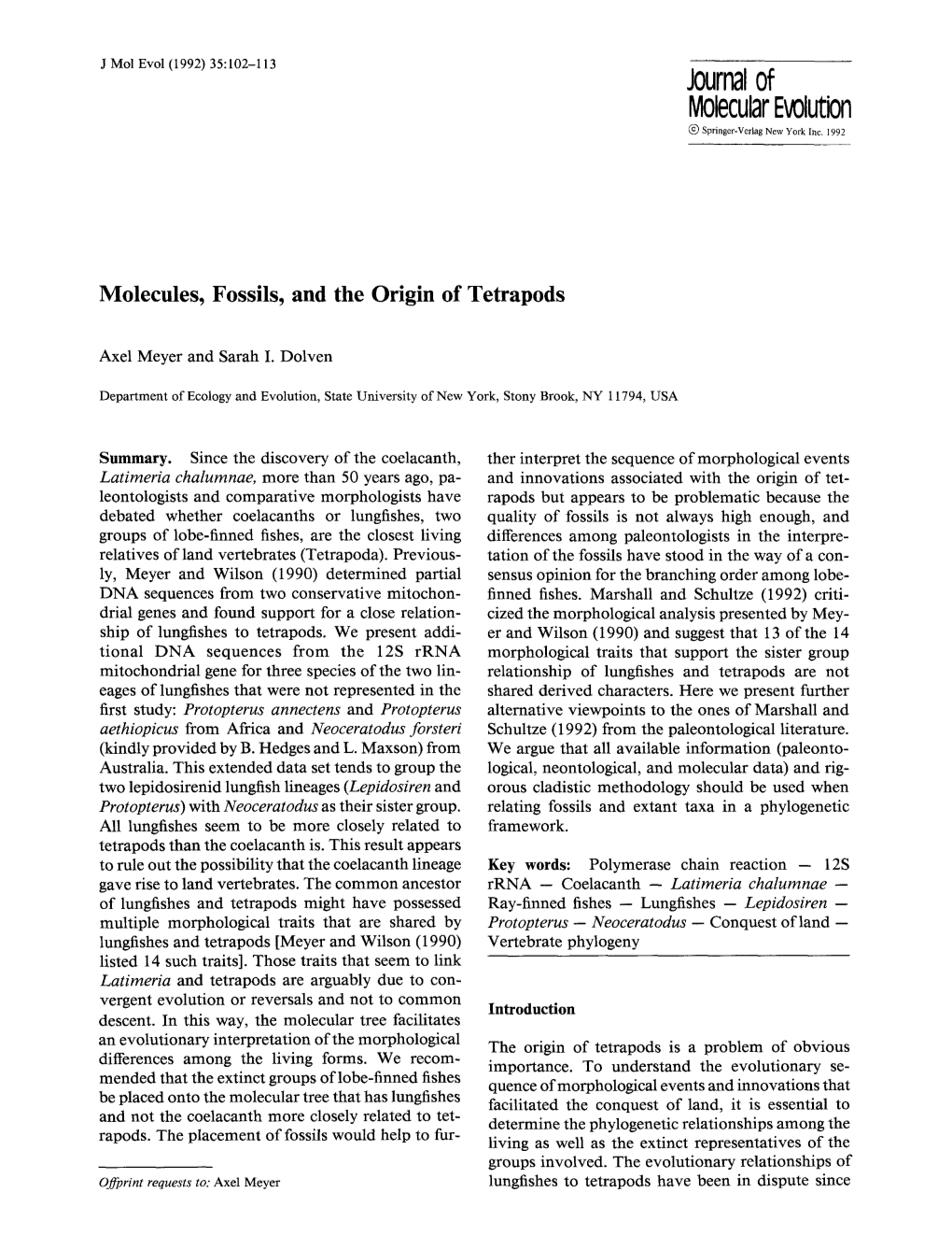 Molecules, Fossils, and the Origin of Tetrapods