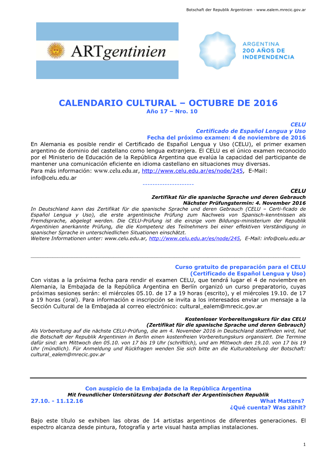 CALENDARIO CULTURAL – OCTUBRE DE 2016 Año 17 – Nro