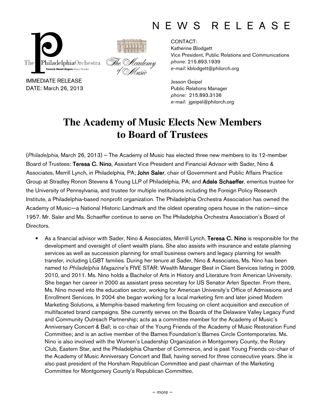 N E W S R E L E a S E the Academy of Music Elects New Members to Board of Trustees