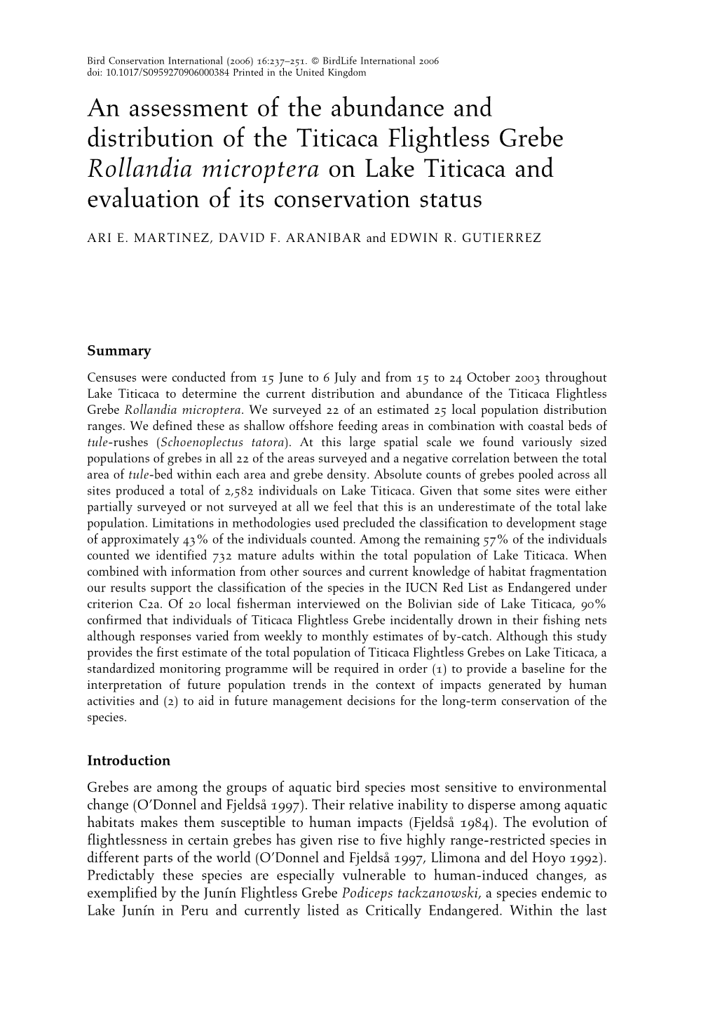 An Assessment of the Abundance and Distribution of the Titicaca Flightless Grebe Rollandia Microptera on Lake Titicaca and Evaluation of Its Conservation Status