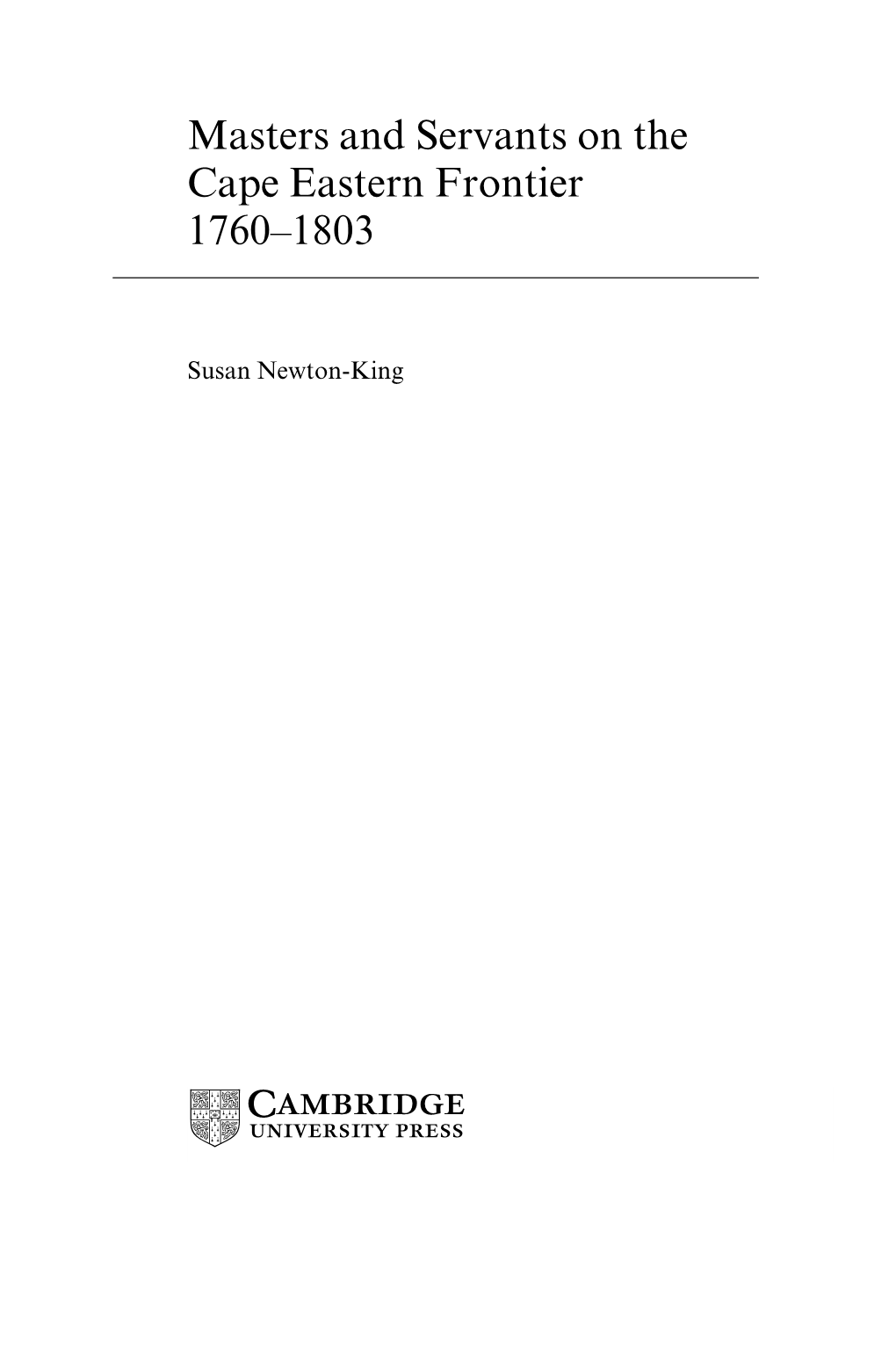 Masters and Servants on the Cape Eastern Frontier 1760–1803