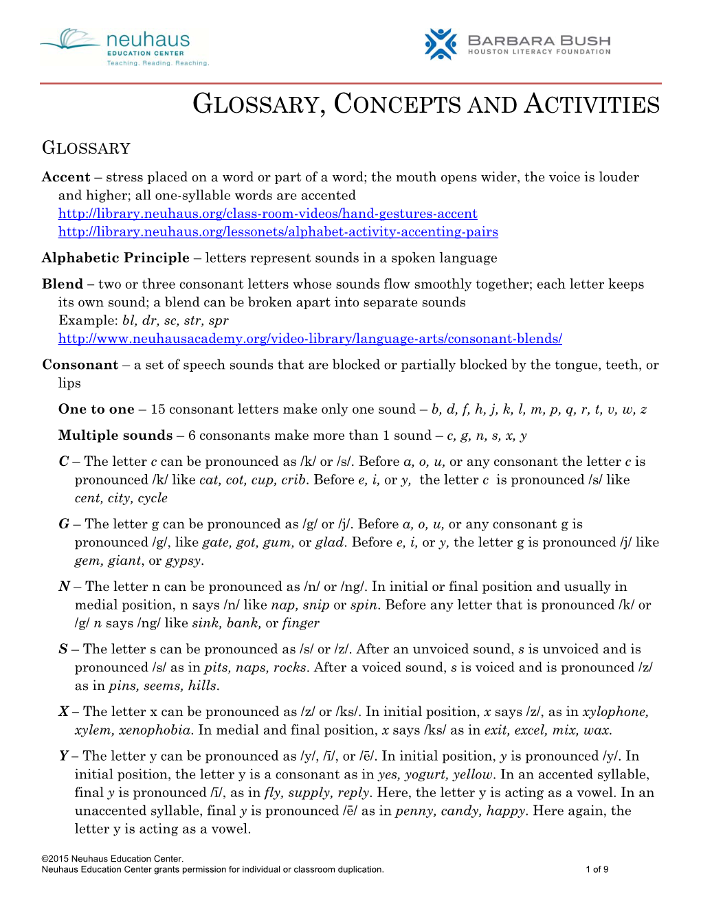 Glossary, Concepts and Activities
