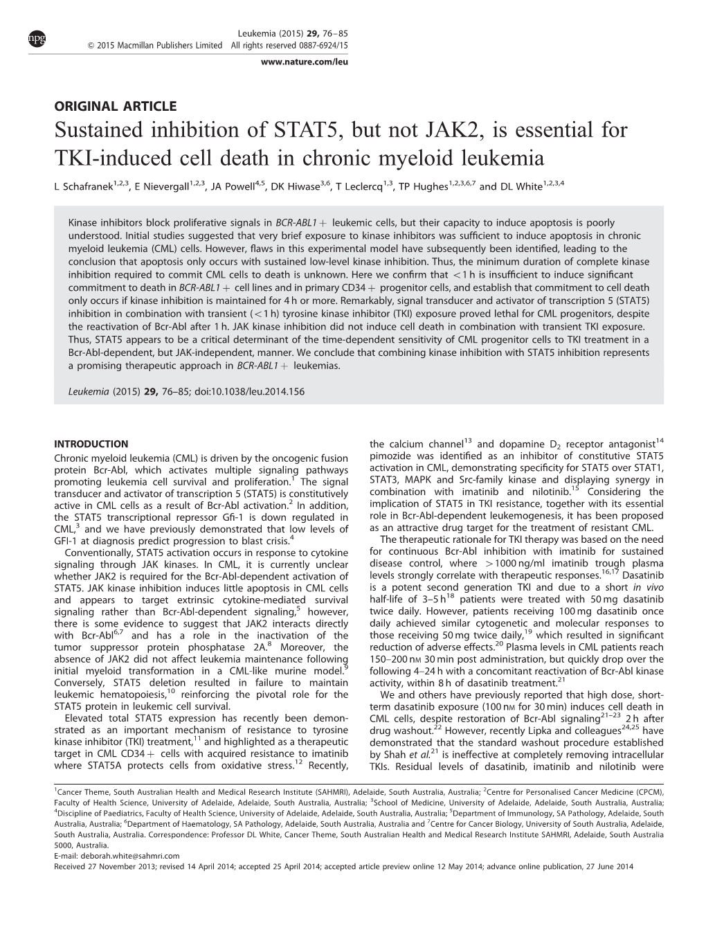 Sustained Inhibition of STAT5, but Not JAK2, Is Essential for TKI-Induced Cell Death in Chronic Myeloid Leukemia