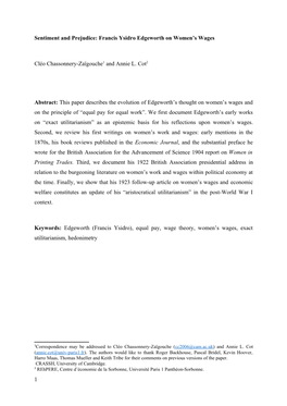 Francis Ysidro Edgeworth on Women's Wages Cléo Chassonnery-Zaïgouche1 and Annie L. Cot2 Abstract