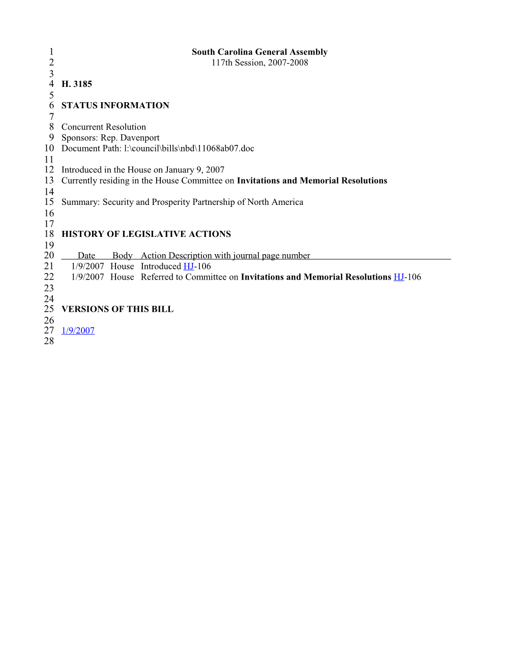 2007-2008 Bill 3185: Security and Prosperity Partnership of North America - South Carolina