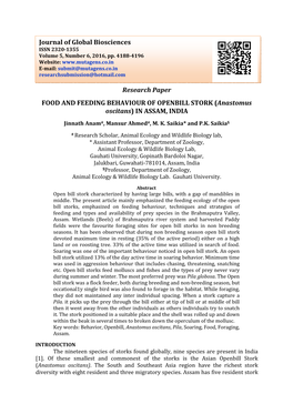 (Anastomus Oscitans) in ASSAM, INDIA Journal of Global Biosciences
