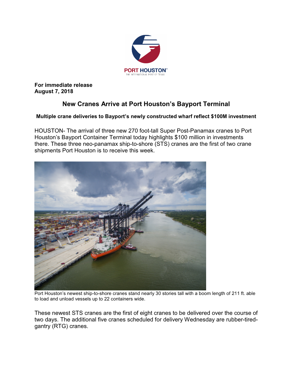 New Cranes Arrive at Port Houston's Bayport Terminal