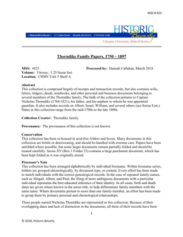 Thorndike Family Papers, 1750 – 1897