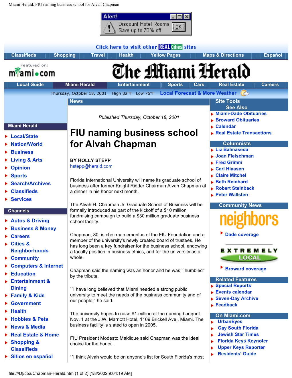 Miami Herald: FIU Naming Business School for Alvah Chapman