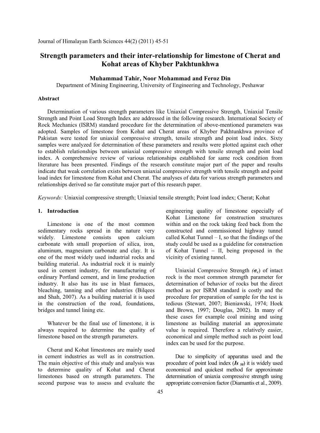 Strength Parameters and Their Inter-Relationship for Limestone of Cherat and Kohat Areas of Khyber Pakhtunkhwa