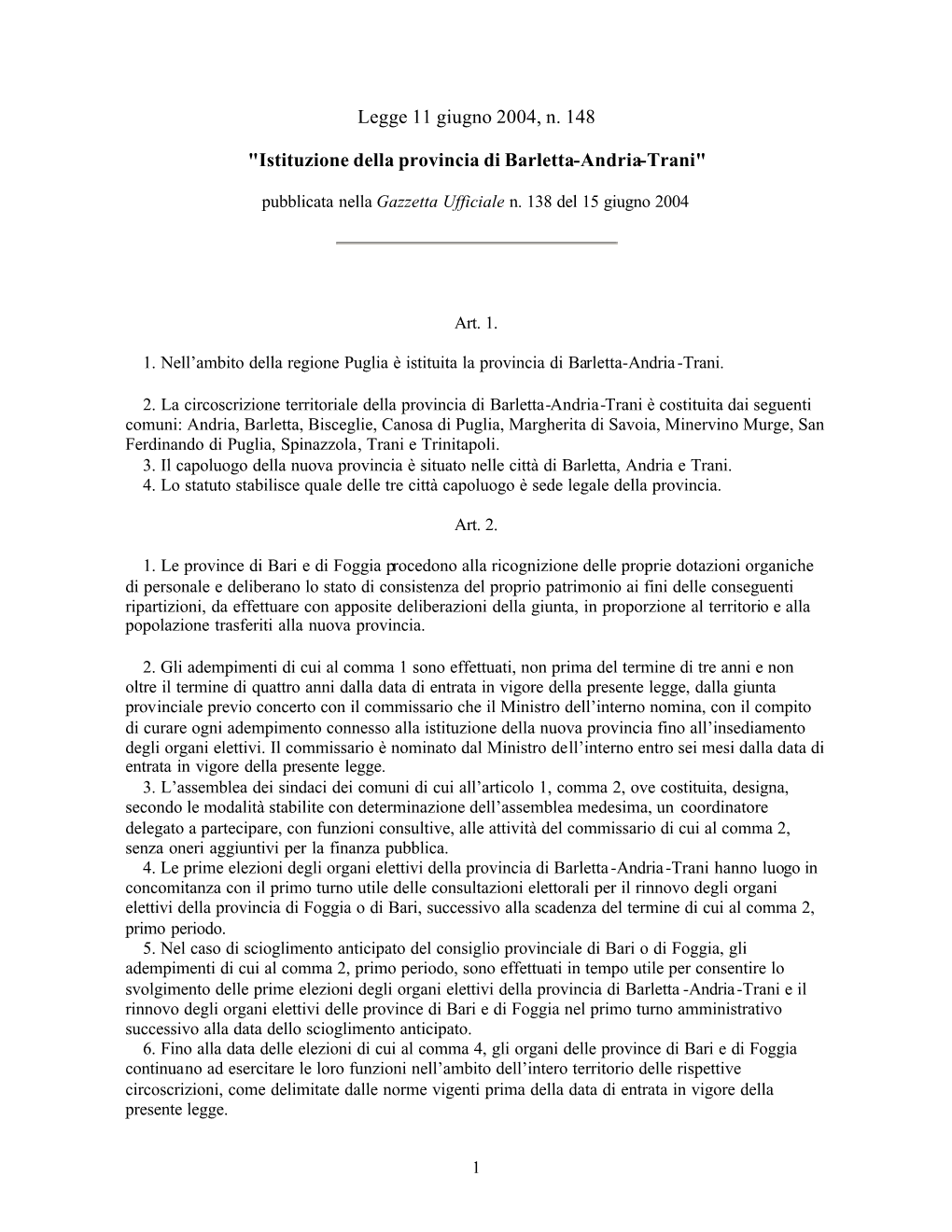 Istituzione Della Provincia Di Barletta-Andria-Trani"
