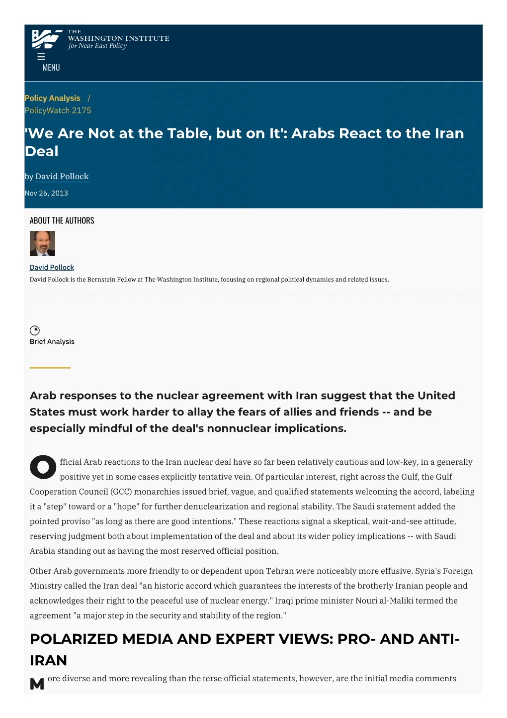 Arabs React to the Iran Deal by David Pollock