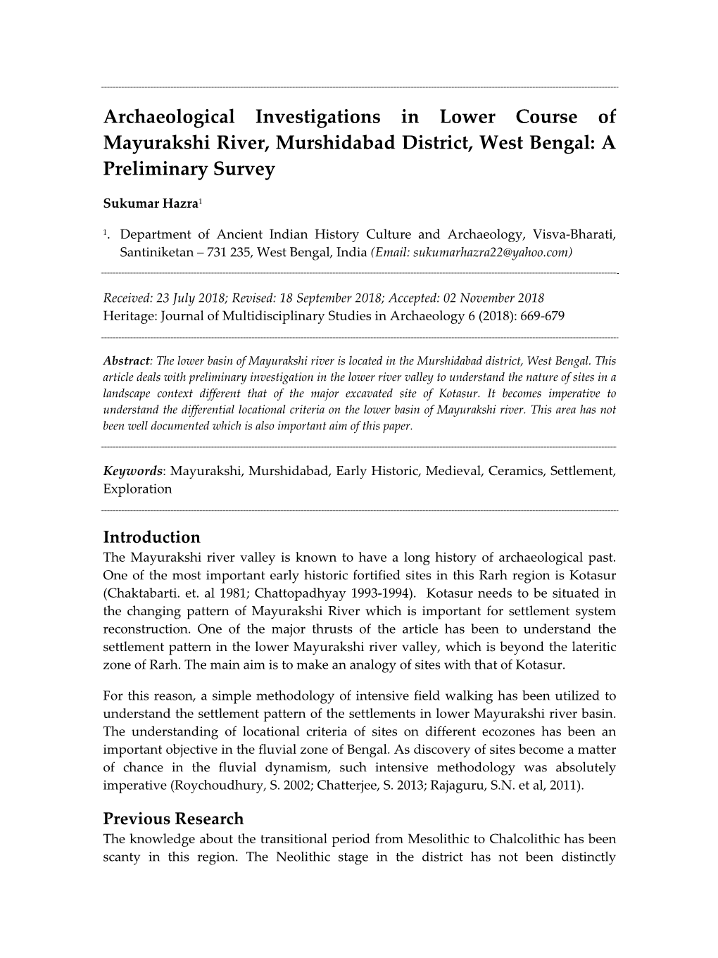 Archaeological Investigations in Lower Course of Mayurakshi River, Murshidabad District, West Bengal: a Preliminary Survey