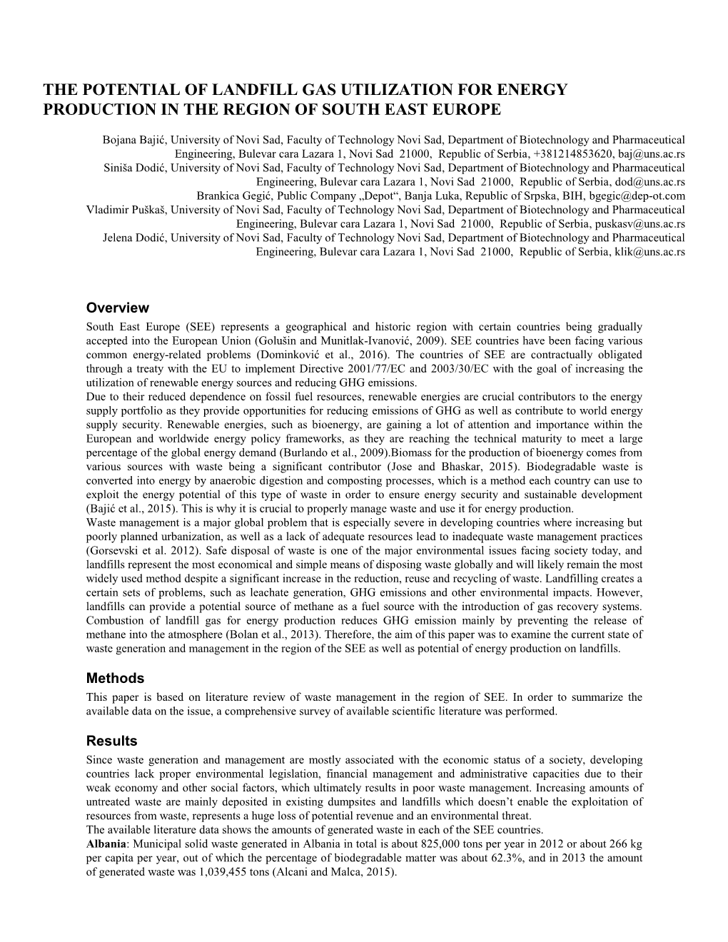 The Potential of Landfill Gas Utilization for Energy Production in the Region of South East Europe