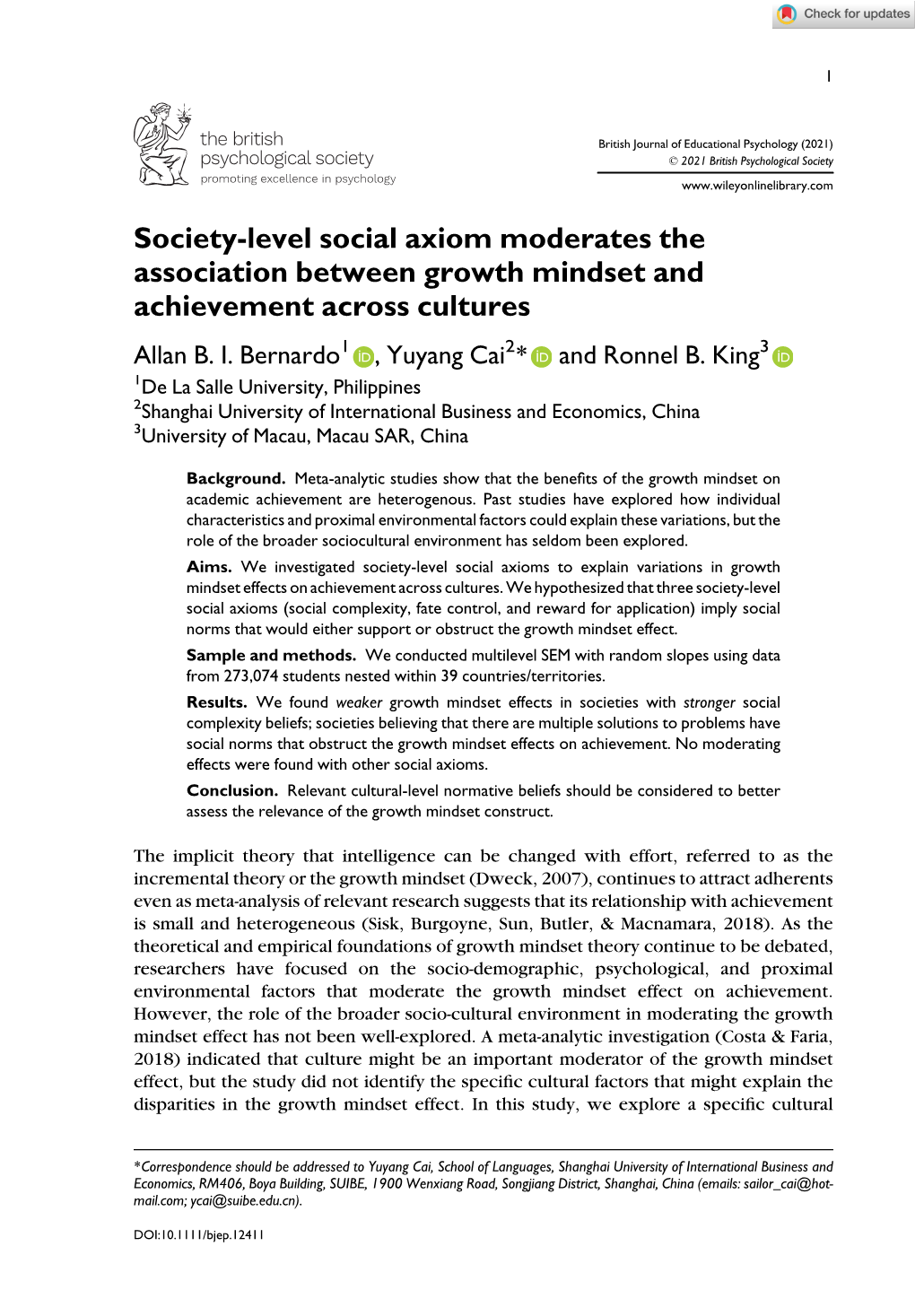 Society‐Level Social Axiom Moderates the Association Between Growth