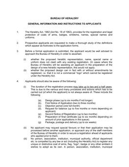 BUREAU of HERALDRY GENERAL INFORMATION and INSTRUCTIONS to APPLICANTS 1. the Heraldry Act, 1962 (Act No. 18 of 1962), Provides F