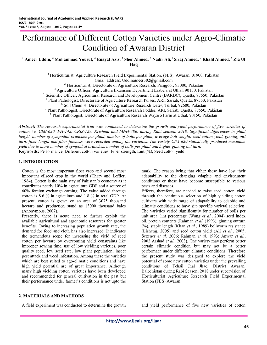 Performance of Different Cotton Varieties Under Agro-Climatic Condition of Awaran District