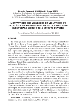 Motivations Des Violences Et Violations Du Droit À La Vie Observées Lors De La Crise Post- Électorale De 2010-2011 En Côte D’Ivoire