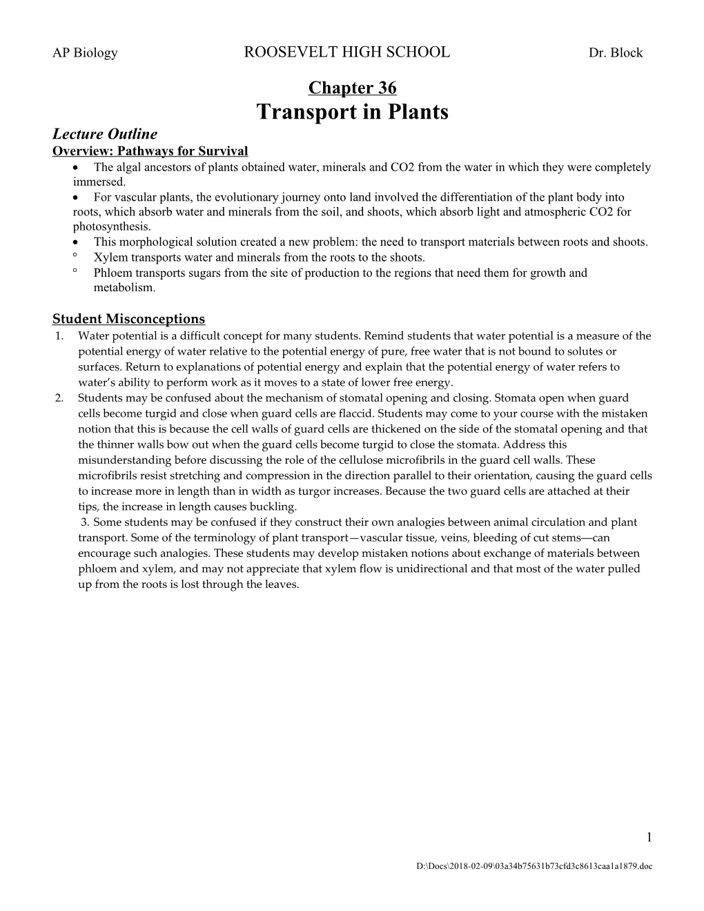 AP Biology ROOSEVELT HIGH SCHOOL Dr. Block s1