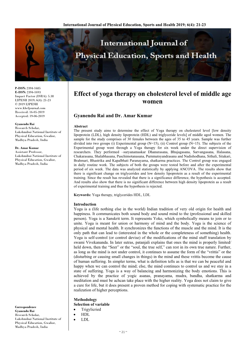 Effect of Yoga Therapy on Cholesterol Level of Middle Age Women