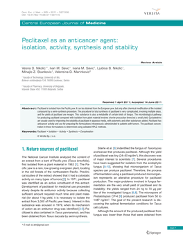 Paclitaxel As an Anticancer Agent: Isolation, Activity, Synthesis and Stability