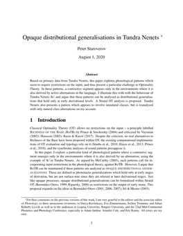 Opaque Distributional Generalisations in Tundra Nenets ∗