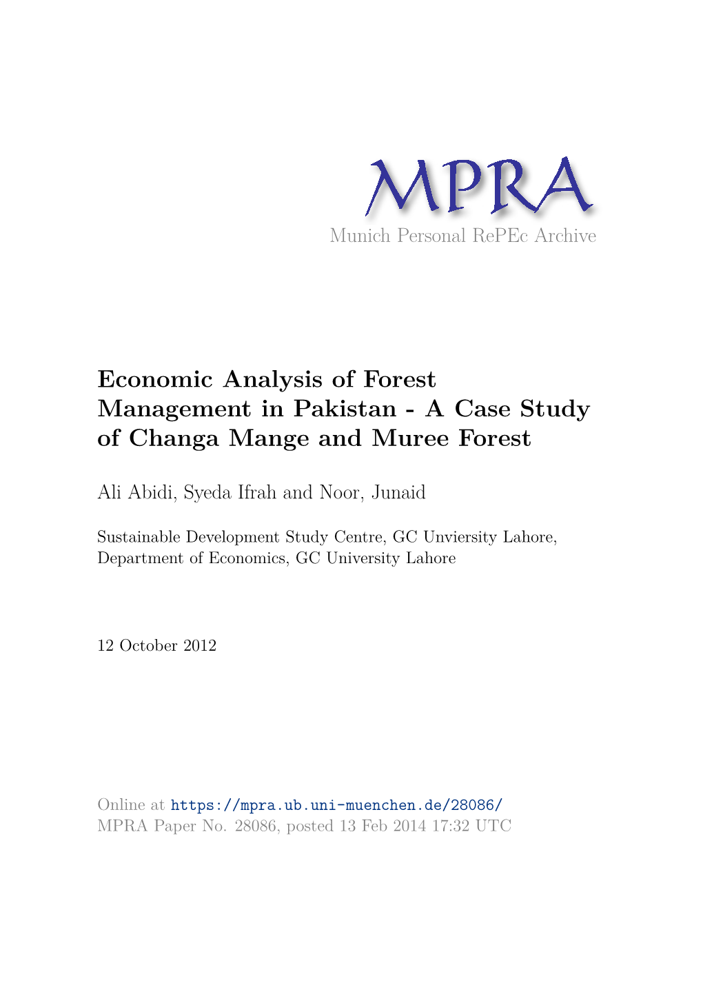 Economic Analysis of Forest Management in Pakistan - a Case Study of Changa Mange and Muree Forest