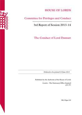 HOUSE of LORDS Committee for Privileges and Conduct 3Rd Report