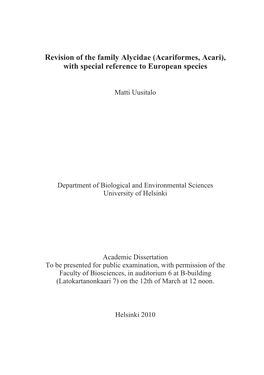 Revision of the Family Alycidae (Acariformes, Acari), with Special Reference to European Species